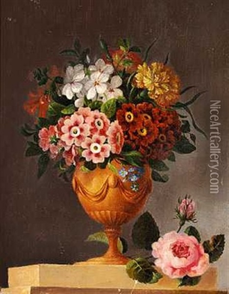 Opstilling Med Brogede Blomster I En Klassisk Vase Oil Painting - Christian Strodtmann