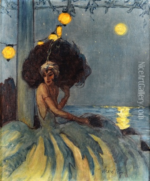 Elegante Devant La Mer Oil Painting - Jules Victor Verdier