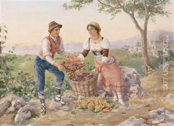 Ayoung Italian Couple Harvesting Grapes Oil Painting - Luigi Olivetti