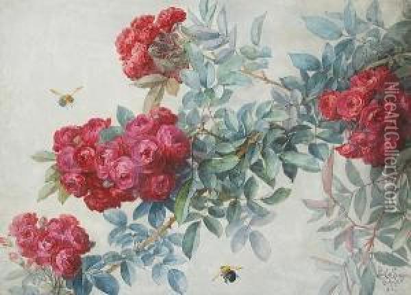 Red Roses And Bumblebees Oil Painting - Paul De Longpre
