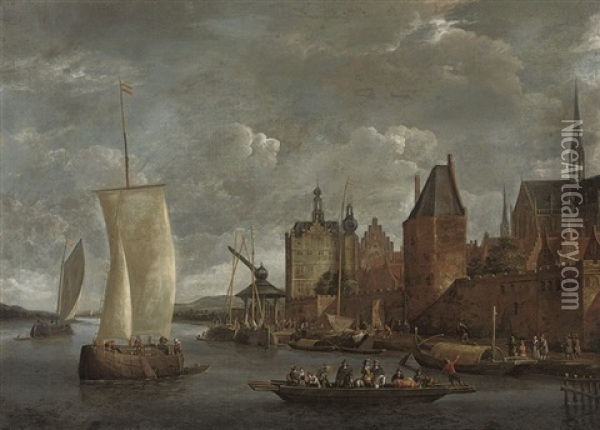 A River Landscape With Travellers On A Ferry Boat And Other Shipping By A Quayside Oil Painting - Johannes Storck