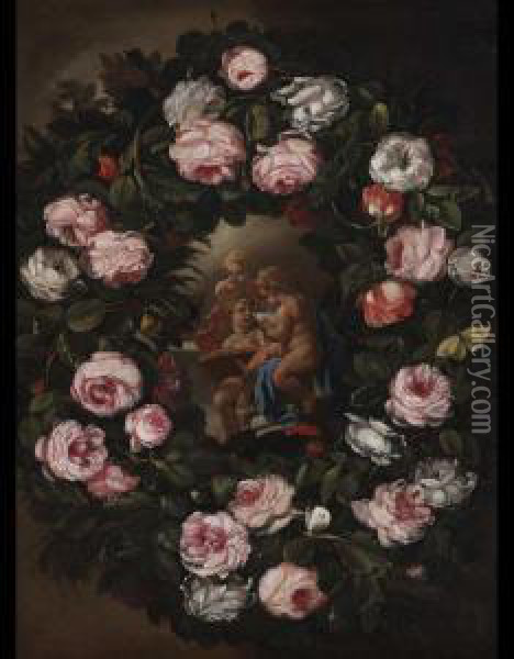 Ghirlanda Di Rose Con Putti Oil Painting - Giovanni Stanchi