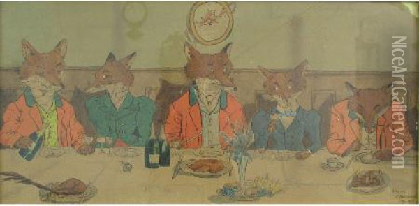Humorous Study Of Hunt Supper With Foxes Dressed As People Oil Painting - Gladys M. Botterill