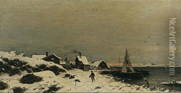 Kustlandskap Med Byggnader Och Figurer - Vinterafton Oil Painting - Axel Wilhelm Nordgren