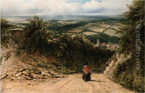 Landscape With Distant Village And A Figure On A Path In The Foreground Oil Painting - Frederick Waters Watts