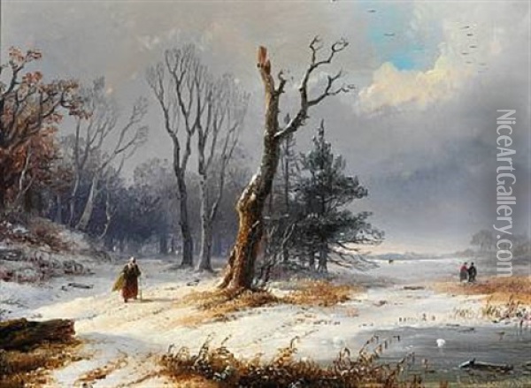 Winter Landscape With Figures Oil Painting - Remigius Adrianus van Haanen