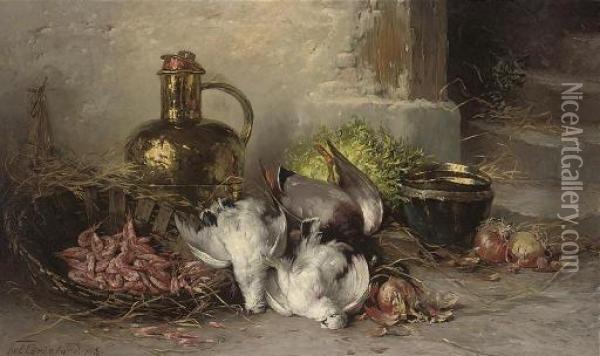 Pheasants, Onions And Prawns By A Staircase Oil Painting - Nel Gronland