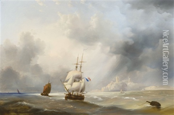 Sailing Ships Along The Coast Of Dover Oil Painting - Francois-Etienne Musin