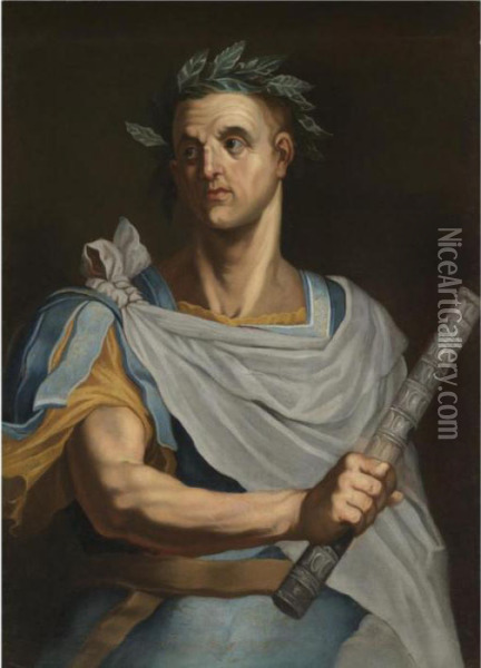 Portrait Of Julius Caesar, Half Length, Wearing A Laurel Wreath And Holding A Baton Oil Painting - Bernardino Campi