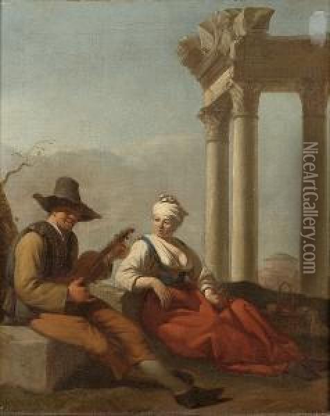 A Peasant Serenading A Girl Before Classical Ruins Oil Painting - Job Adriaensz. Berckheyde