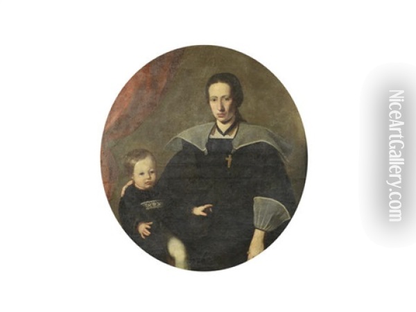 Portrait Of A Lady And Her Son, In Black Costume Oil Painting - Carlo Ceresa
