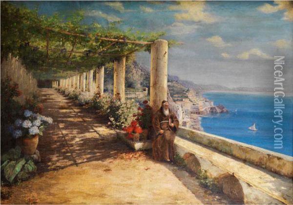 Kapuzinermonch An Einer Pergola Uber Dem Golf Von Neapel Oil Painting - Giuseppe Chiarolanza