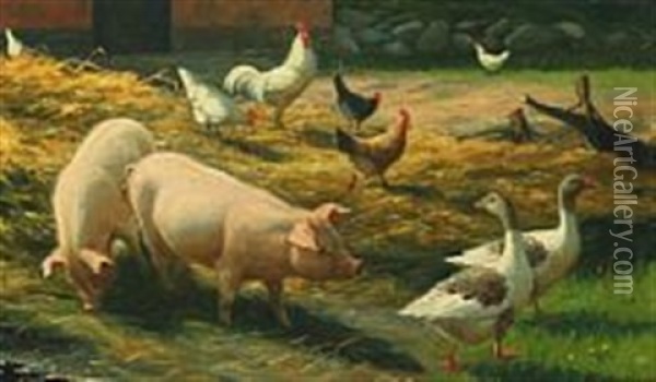 Farm House Exterior With Pigs, Geese And Hens Oil Painting - Poul Steffensen