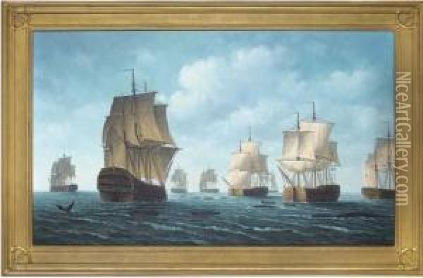 Ships Whaling In The Atlantic Oil Painting - James Hardy