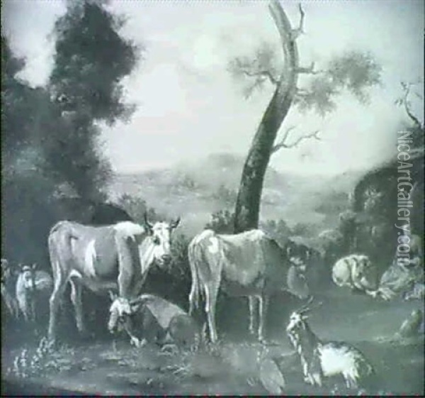 Eine Herde Aus Kuhen Und Schafen Mit Ihrer Hirtin In Uppiger Landschaft Oil Painting - Johann Heinrich Roos