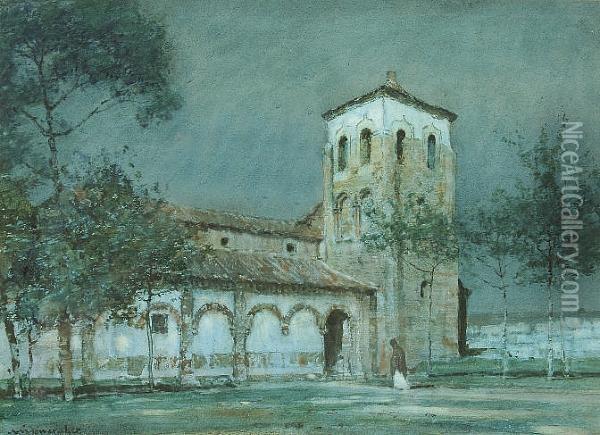 A Continental Square And Church By Moonlight Oil Painting - Albert Moulton Foweraker