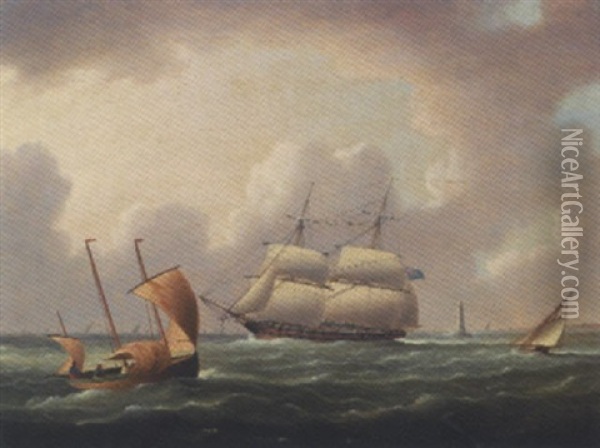 British Brig Rounding The Eddystone Lighthouse Oil Painting - Thomas Buttersworth