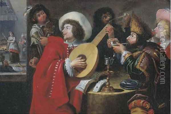 A merry company making music, smoking and drinking in an inn, a kitchen beyond Oil Painting - Jan Cossiers