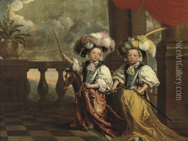 A Double Portrait Of Two Boys, Dressed As Knights, One Holding A Flute, The Other On A Hobby-horse Oil Painting - Johanna Vergouwen