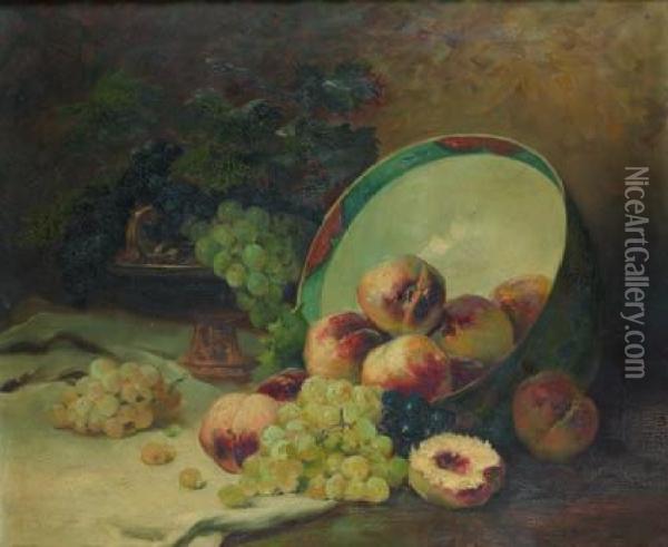 Peches Et Raisins Dans Un Vase De Porcelaine Du Japon Oil Painting - Eugene Henri Cauchois