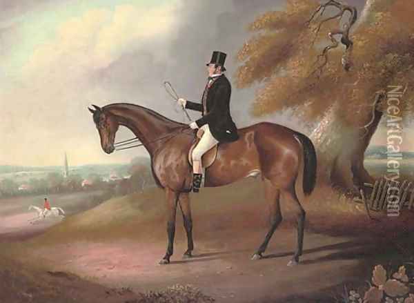 A gentleman and his hunter, a church spire beyond, in an extensive landscape Oil Painting - English School