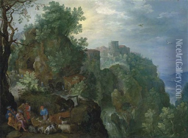A Mountainous Landscape With Herdsmen Resting By A Path, A View Of Tivoli, With The Temple Of Vesta And The Cascatelle Beyond Oil Painting - Jan Brueghel the Elder
