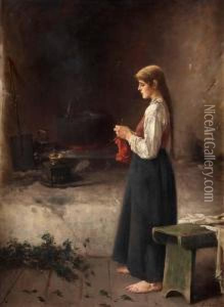 Stickande Kvinna Vid Kitteln Oil Painting - Axel Ender