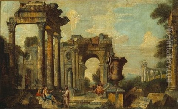 An Architectural Capriccio With Classical Figures Oil Painting - Giovanni Paolo Panini