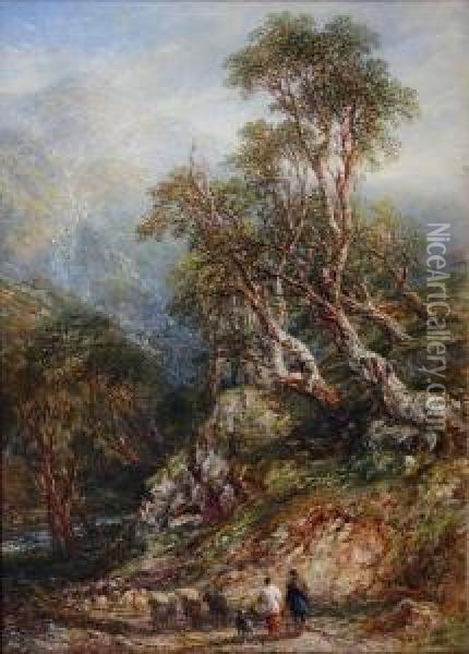 Drover, Traveller And Flock On A Mountain Path Oil Painting - Frederick Henry Henshaw