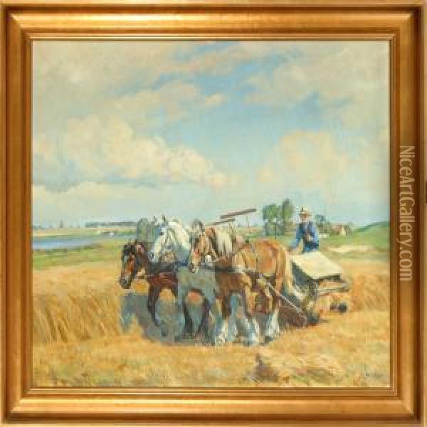 Harvest Scenery. Signed B. Nyrop Oil Painting - Borge C. Nyrop