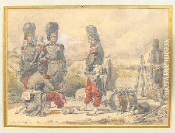 Soldiers At An Encampment Oil Painting - Joseph-Louis Hippolyte Bellange