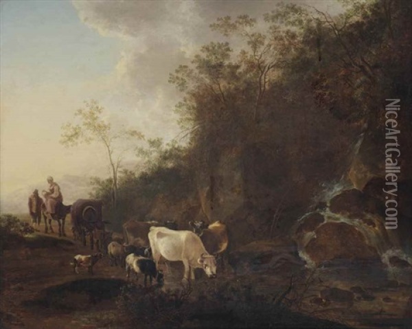 An Italianate Landscape With Herdsmen Watering Cattle At A Waterfall Oil Painting - Jan Dirksz. Both