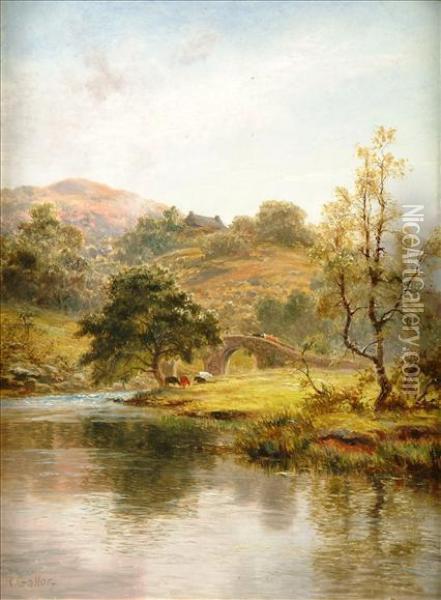River Landscape Withcattle And A Bridge Oil Painting - Robert Gallon
