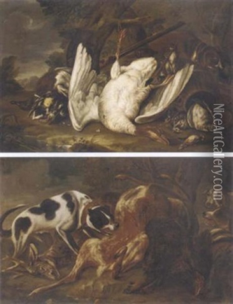 A Dead Goose, Duck, And Other Birds In A Wooded Clearing, With A Dog And A Musket Oil Painting - Baldassare De Caro