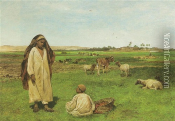 Boys Minding Cattle In The Fields, Egypt Oil Painting - David Bates