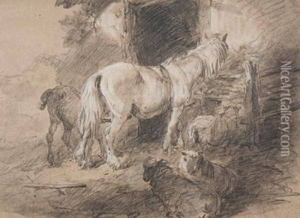 Horses And Sheep By A Stable Door Oil Painting - Edward Robert Smythe