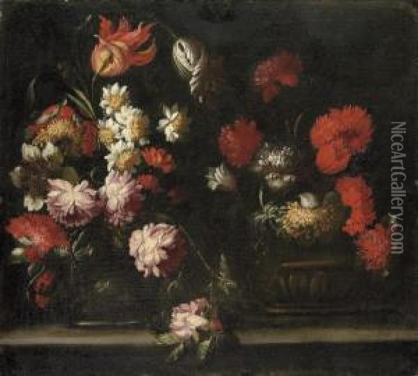 Tulips, Carnations, Roses And Other Flowers In Two Vases On A Stone Ledge Oil Painting - Margherita Caffi
