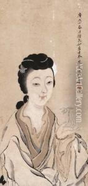 Lady With Flower Oil Painting - Huang Shanshou