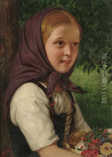 Portrait Of A Girl Holding A Basket Of Flowers Oil Painting - William Gale