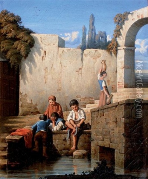 Les Enfants A La Fontaine Oil Painting - Alphonse Lavaudan