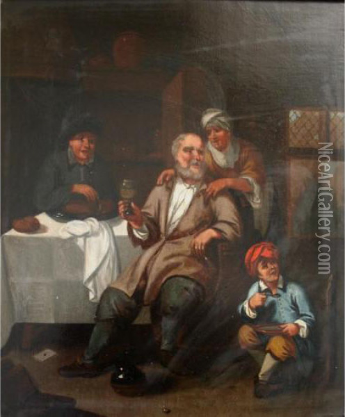 A Family In An Interior Oil Painting - Johannes Lingelbach
