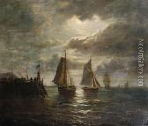 Moonlit Shipping Scene Oil Painting - John Moore Of Ipswich