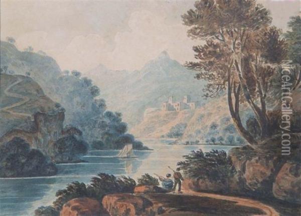 Mountainous River Landscape With Figures On A Track Oil Painting - John Varley
