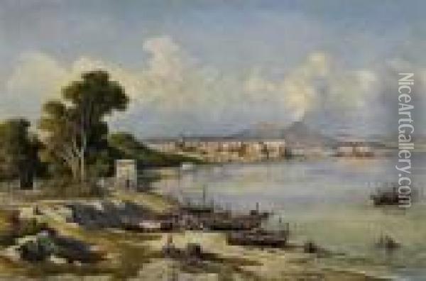 Early Morning In The Bay Of Naples. Fishermen On The Banks And On The Lake. Oil Painting - Consalvo Carelli