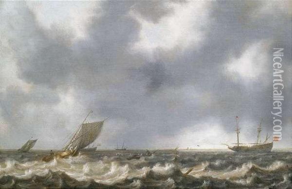 Segelschiffe In Aufgewuhlter See Unter Bewolktem Himmel Oil Painting - Willem van Diest