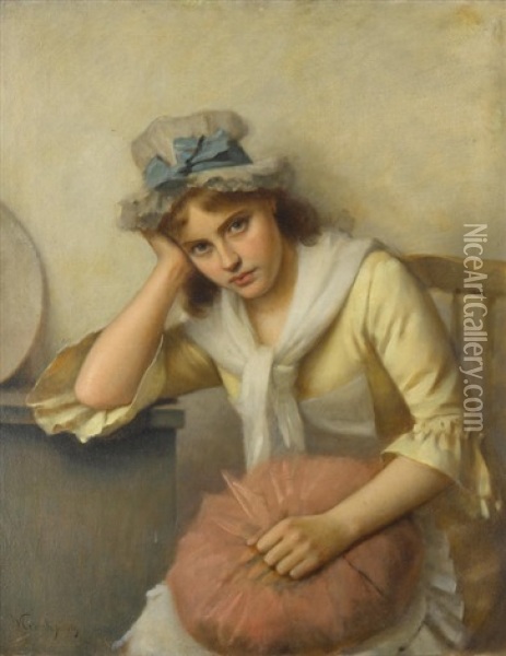 A Pensive Look Oil Painting - Michele Gordigiani