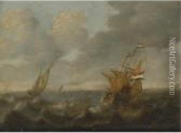 Dutch Ships On A Rough Sea Oil Painting - Jan Abrahamsz. Beerstraaten