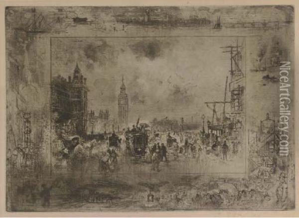 Westminster Bridge Ou Westminster Clock Tower Oil Painting - Felix-Hilaire Buhot
