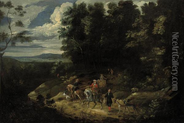 A Hunting Party In A Wooded Landscape Oil Painting - Lambert de Hondt