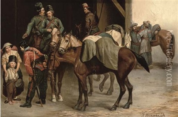 Hussars Befriending The Locals Oil Painting - Bogdan (Gotfrid) Pavlovich Villevalde